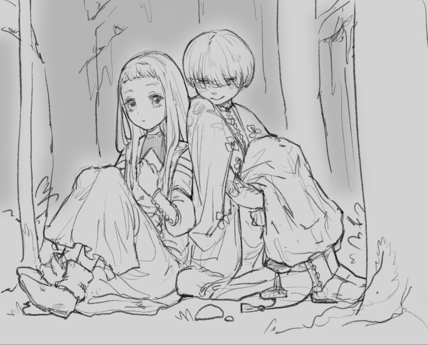 1boy, 1girl, back-to-back, closed_mouth, commentary, english_commentary, eunie_(tongari_boushi_no_atelier), full_body