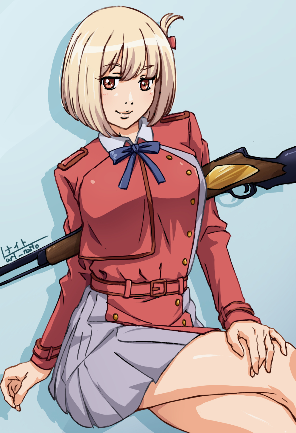 1girl, armpit_hold, belt, blonde_hair, blue_background, blue_bow, blue_bowtie, bow, bowtie, breasts, closed_mouth, crossed_legs, double-parted_bangs, feet_out_of_frame, gun, hair_ribbon, hand_on_own_knee, hashtag-only_commentary, highres, holding, holding_behind_back, jacket, long_sleeves, looking_at_viewer, lycoris_recoil, medium_breasts, nightstark, nishikigi_chisato, pleated_skirt, purple_shirt, purple_skirt, red_belt, red_eyes, red_jacket, red_ribbon, ribbon, rifle, shirt, short_hair, signature, simple_background, sitting, skirt, smile, solo, weapon