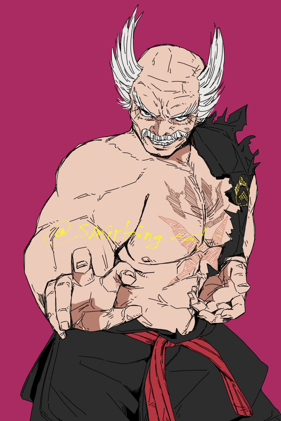 1boy, abs, belt, belt_over_shoulder, black_belt, black_pants, bow, commentary_request, cowboy_shot, facial_hair, fighting_stance, fingernails, grin, highres, kubrick_stare, mishima_heihachi, mustache, nipples, pants, partial_commentary, red_background, red_bow, sharp_teeth, short_hair, simple_background, smile, smirkingcat, solo, spiky_hair, teeth, tekken, topless_male, v-shaped_eyebrows, white_hair, wrinkled_skin