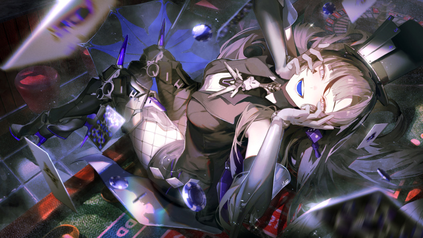 blue_tongue, card, colored_tongue, durian0504, fishnets, floating_card, gears, gloves