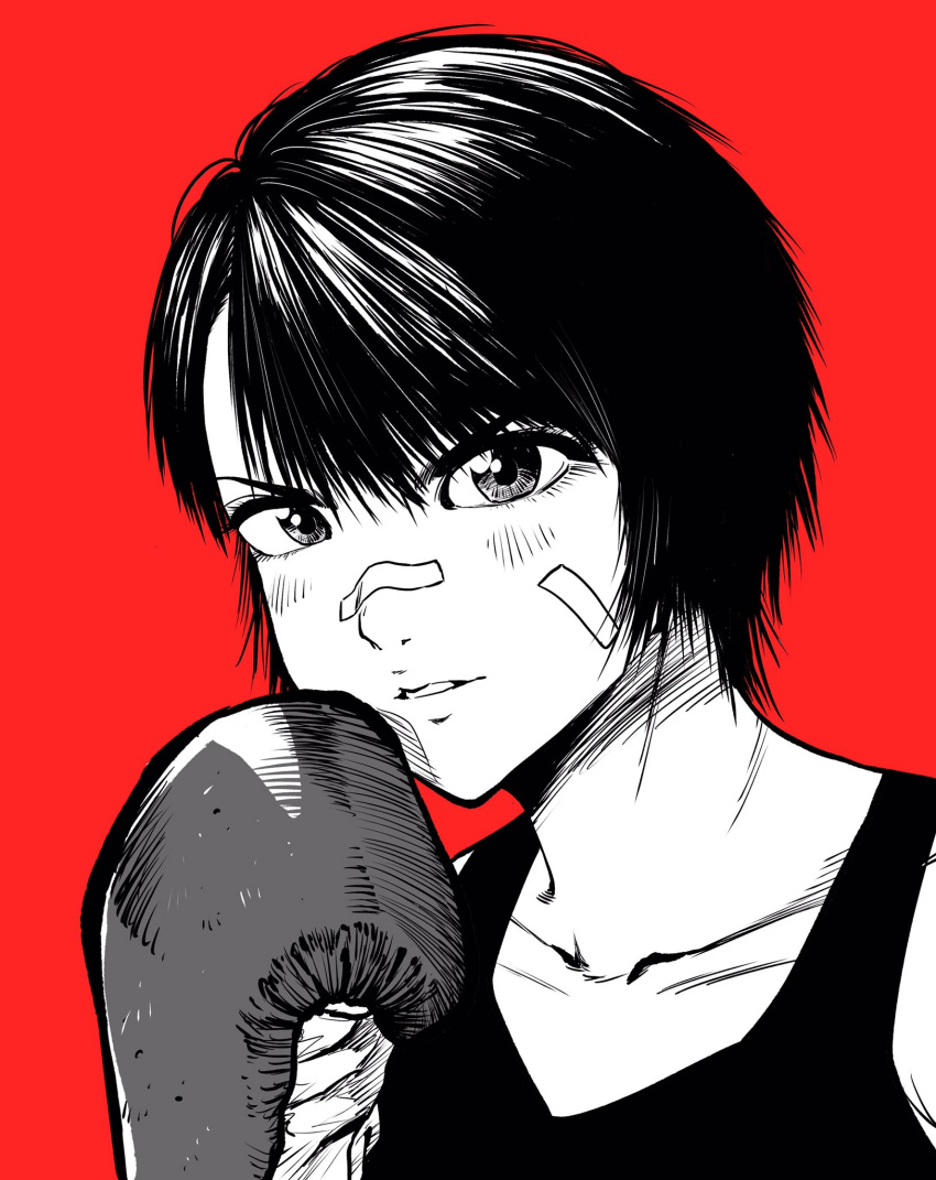 1girl, bandaid, bandaid_on_cheek, bandaid_on_face, bandaid_on_nose, boxing_gloves, collarbone, commentary_request