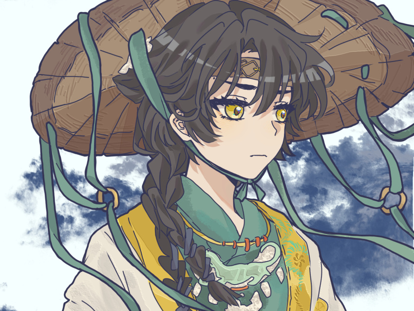 1girl, black_hair, brown_hat, chinese_clothes, closed_mouth, clouds, coat, green_robe