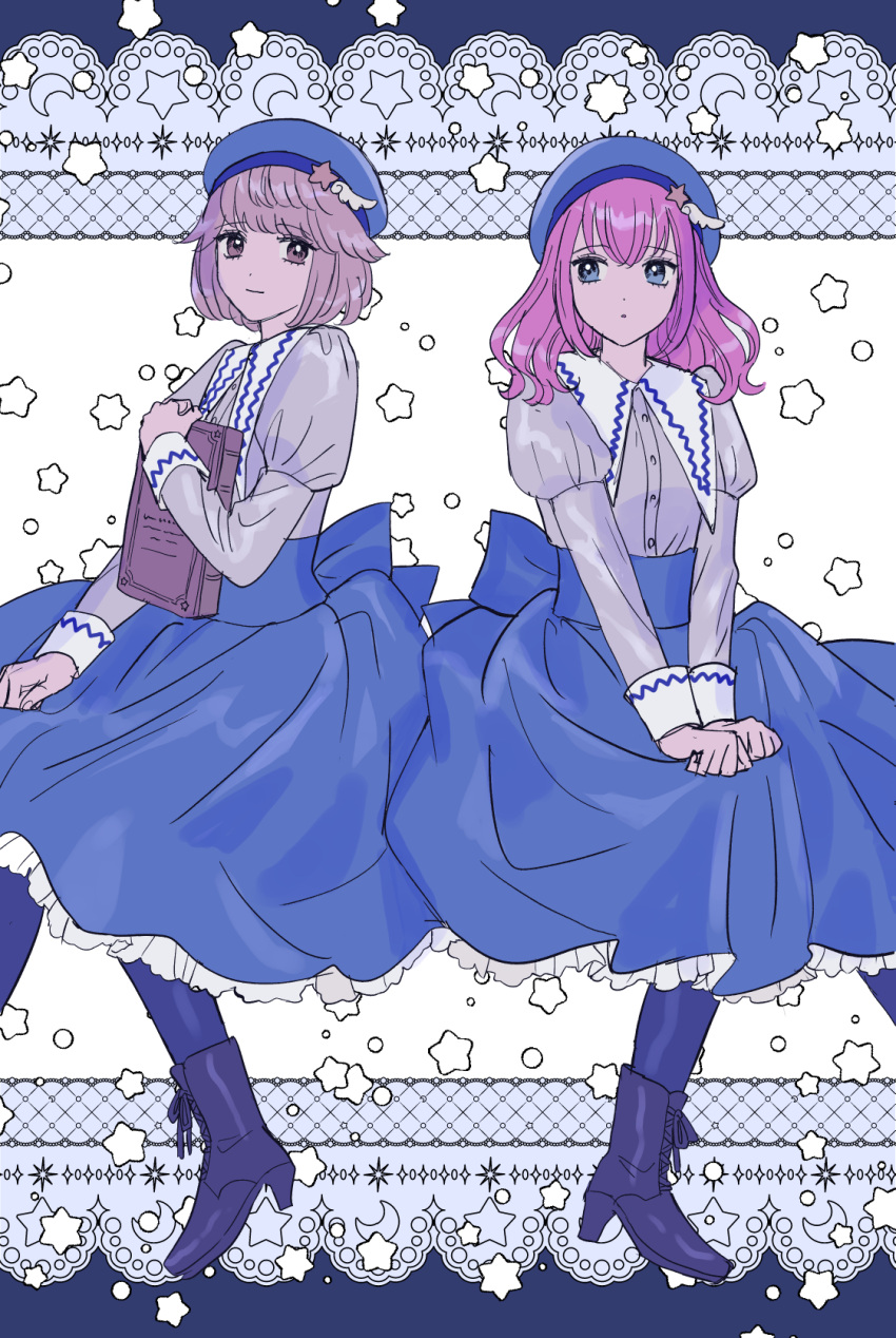 2girls, :o, :|, alternate_costume, alternate_hair_color, ankle_boots, back_bow, beret, blue_background, blue_boots, blue_eyes, blue_hat, blue_pantyhose, blue_skirt, bob_cut, book, boots, border, bow, brown_eyes, clenched_hands, closed_mouth, collared_dress, commentary, cool_colored, crescent, dress, foot_out_of_frame, frilled_skirt, frills, grey_background, grey_shirt, hair_flaps, hand_up, hat, hat_ornament, high-waist_skirt, high_heel_boots, high_heels, highres, holding, holding_book, hoshino_(user_ddfw4228), hugging_book, hugging_object, invisible_chair, juliet_sleeves, kobato_ryouko, lace-up_boots, light_smile, long_hair, long_sleeves, looking_at_another, looking_to_the_side, medium_dress, multicolored_dress, multiple_girls, ornate_border, outside_border, pantyhose, parted_lips, partially_bordered, pink_hair, puffy_sleeves, puritan_collar, purple_hair, shirt, shoujo_kageki_revue_starlight, shoujo_kageki_revue_starlight_-re_live-, sideways_glance, sitting, skirt, star_(symbol), star_hat_ornament, star_symbol_background, swept_bangs, takachiho_stella, v_arms, white_background, wing_hat_ornament
