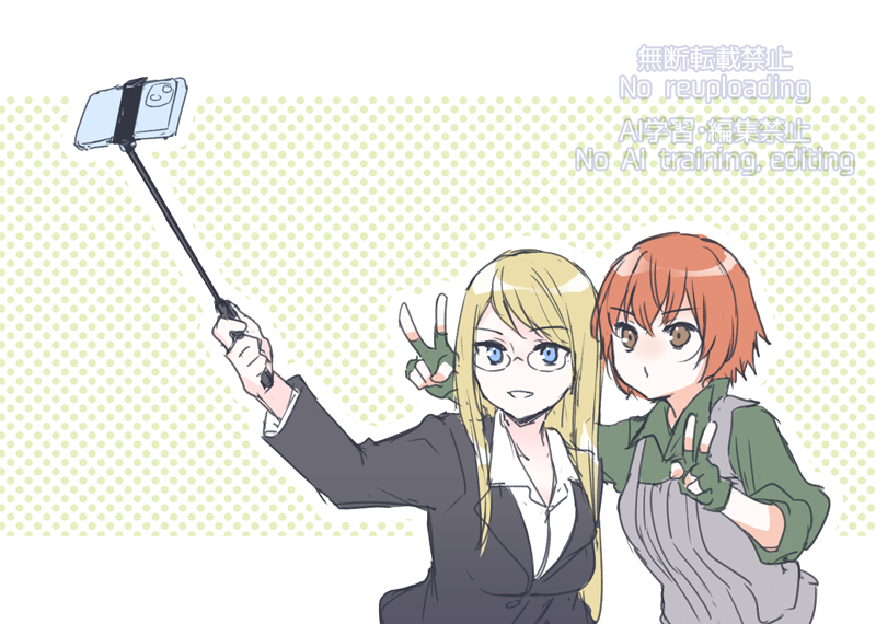 2girls, 9s_(yamamoto_yamato), black_jacket, blonde_hair, blue_eyes, blush, brown_eyes, character_request
