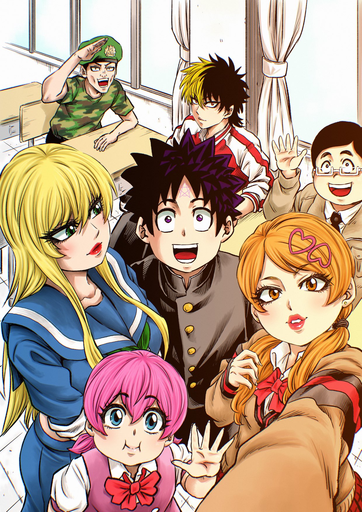 3girls, 4boys, black_hair, blonde_hair, blue_eyes, blue_serafuku, brown_eyes, classroom