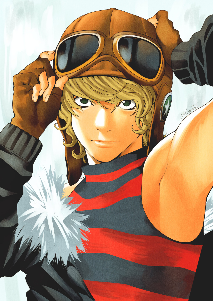 1boy, absurdres, armpits, aviator_cap, aviator_goggles, blonde_hair, brown_gloves, character_request