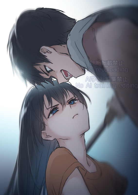 1boy, 1girl, 9s_(yamamoto_yamato), black_hair, blue_background, blue_eyes, blurry, blurry_background