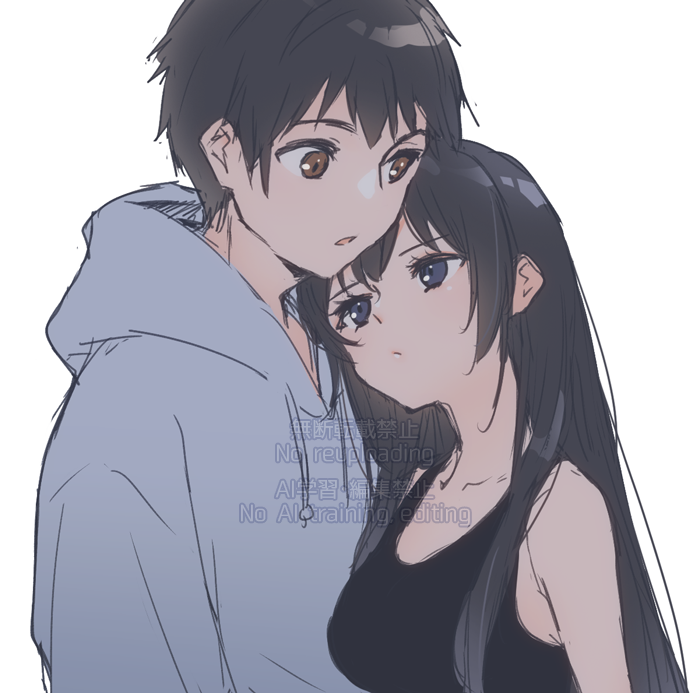 1boy, 1girl, 9s_(yamamoto_yamato), bare_shoulders, black_hair, black_tank_top, blue_eyes, breasts