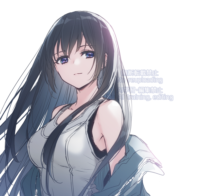 1girl, 9s_(yamamoto_yamato), bare_shoulders, black_hair, breasts, closed_mouth, grey_jacket, jacket, long_hair, looking_at_viewer, medium_breasts, mineshima_yuu, mizuki_riko, off_shoulder, open_clothes, open_jacket, simple_background, solo, tank_top, upper_body, very_long_hair, violet_eyes, watermark, white_background, white_tank_top