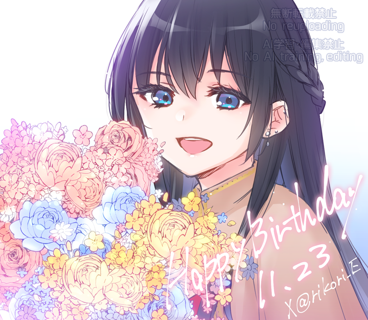 1girl, 9s_(yamamoto_yamato), :d, black_hair, blue_background, blue_eyes, blue_flower, blue_rose
