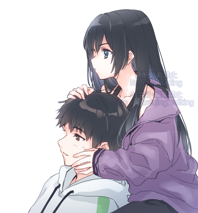 1boy, 1girl, 9s_(yamamoto_yamato), black_dress, black_hair, blue_eyes, brown_eyes, closed_mouth