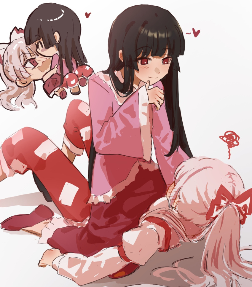 2girls, :s, black_hair, blunt_bangs, blush, bow, bright_pupils, brown_shoes, chibi, chibi_inset, closed_mouth, feet_out_of_frame, frilled_kimono, frills, fujiwara_no_mokou, hair_bow, hand_on_own_chin, hashtag-only_commentary, heart, heart-shaped_pupils, highres, houraisan_kaguya, hug, japanese_clothes, kimono, kiss, kissing_forehead, knees_up, long_hair, long_sleeves, lying, multiple_girls, on_back, open_mouth, pants, pink_kimono, ponytail, purple_pants, red_bow, red_eyes, red_pants, red_straps, rskrkr, shirt, shoes, simple_background, sleeves_past_wrists, smile, split_mouth, squiggle, straddling, symbol-shaped_pupils, touhou, two-tone_bow, v-shaped_eyebrows, very_long_hair, white_background, white_bow, white_hair, white_pupils, white_shirt, wide_sleeves, yuri
