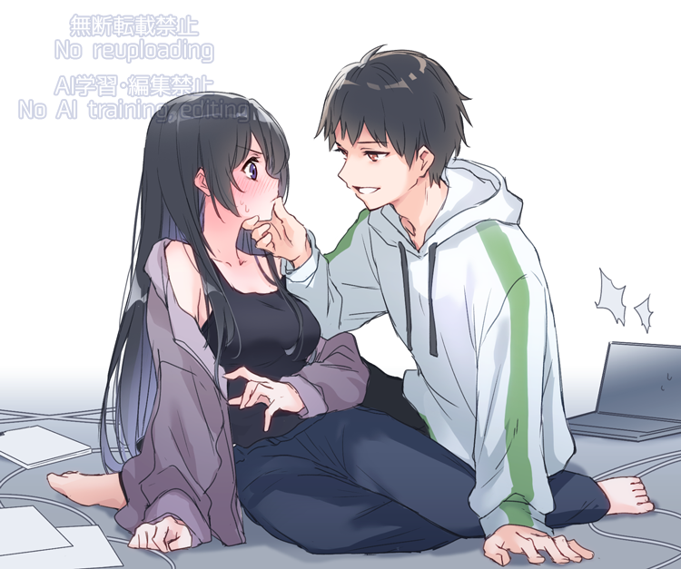 1boy, 1girl, 9s_(yamamoto_yamato), barefoot, black_hair, black_pants, black_tank_top, blue_eyes