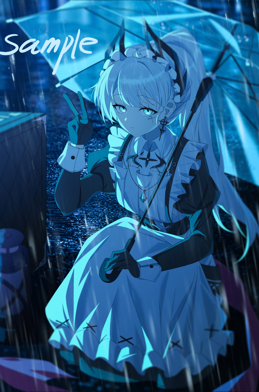 1girl, absurdres, alternate_costume, ambience_synesthesia, apron, arknights, black_dress, black_gloves, blue_eyes, chinese_commentary, closed_mouth, commentary_request, dress, dusk_ming, earrings, enmaided, gloves, highres, holding, holding_umbrella, irene_(arknights), irene_(voyage_of_feathers)_(arknights), jewelry, long_hair, long_sleeves, looking_at_viewer, maid, maid_apron, maid_headdress, night, outdoors, ponytail, puffy_sleeves, rain, scar, scar_across_eye, scar_on_face, solo, umbrella, v, white_hair