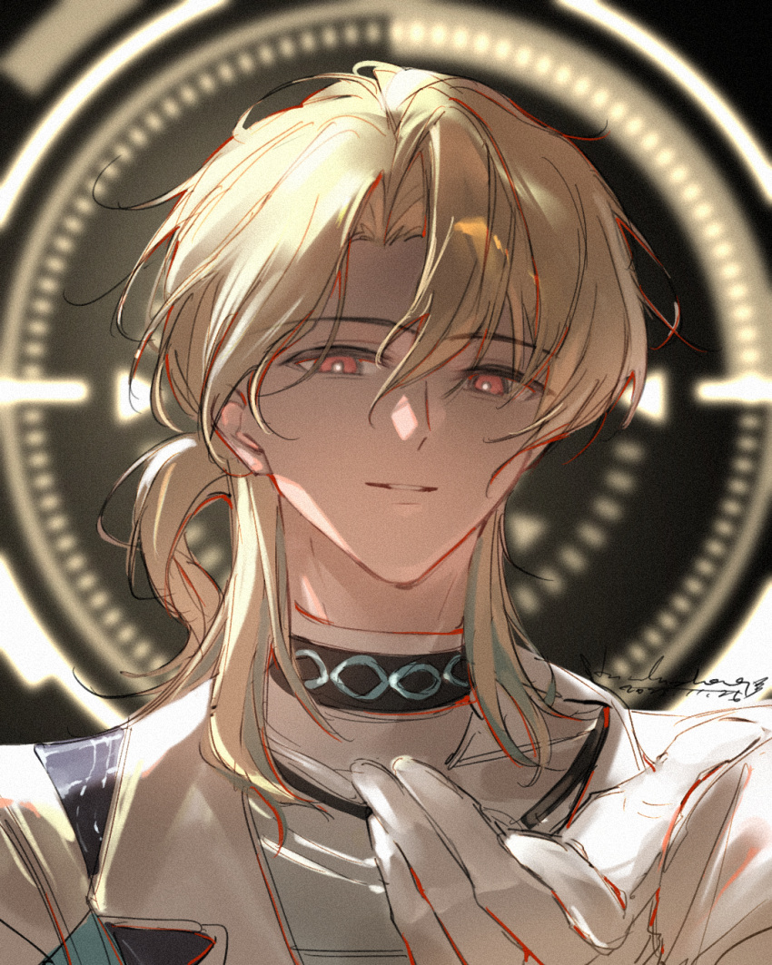 1boy, blonde_hair, blurry, blurry_background, bright_pupils, dated, gloves, hair_between_eyes
