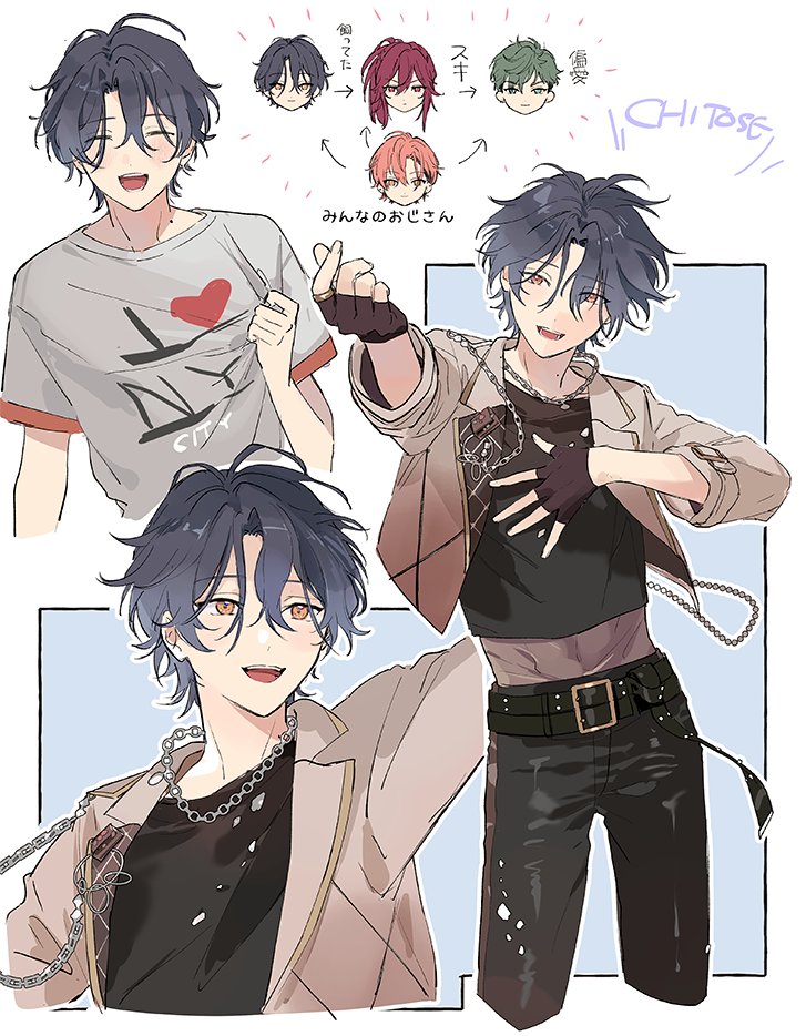 4boys, belt, belt_buckle, black_belt, black_pants, black_shirt, blue_hair, brown_gloves