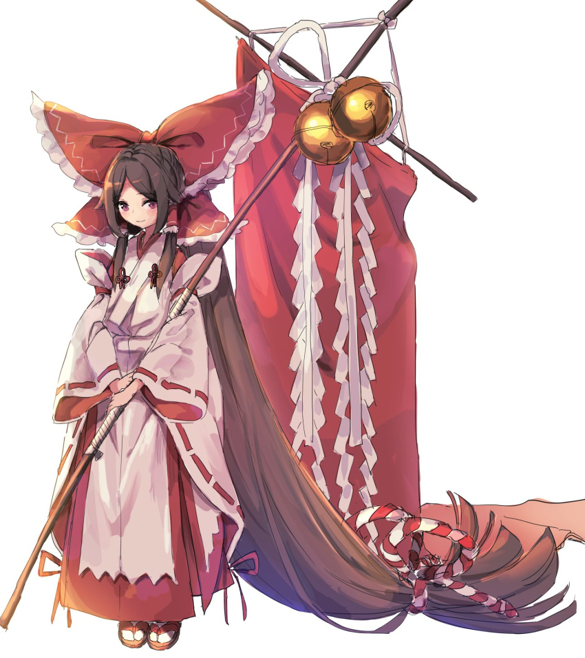 1girl, absurdly_long_hair, artist_collaboration, banner, bell, blunt_ends, bow, brown_hair