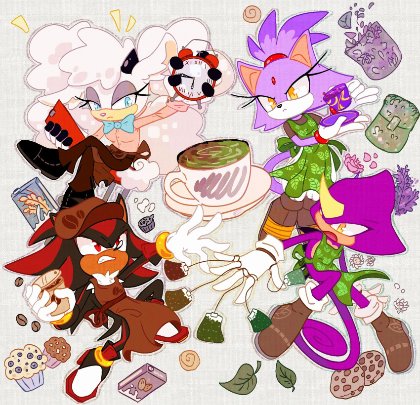 2boys, 2girls, alternate_costume, animal_ears, apron, black_fur, black_shoes, blaze_the_cat, blue_bow, blue_bowtie, blue_eyes, bow, bowtie, brown_apron, brown_pants, cat_ears, cat_girl, cat_tail, chameleon_boy, chameleon_tail, clipboard, clock, closed_mouth, commentary, cookie, cup, cupcake, damnletyuchka, disposable_coffee_cup, disposable_cup, english_commentary, espio_the_chameleon, eyelashes, food, forehead_jewel, full_body, furry, furry_female, furry_male, gloves, green_apron, hat, hedgehog_boy, highres, holding, holding_clipboard, holding_clock, holding_cup, holding_plate, horns, lanolin_the_sheep, leaf, leaf_print, long_sleeves, muffin, multiple_boys, multiple_girls, open_mouth, pants, plate, purple_fur, red_eyes, red_fur, shadow_the_hedgehog, sheep_girl, shirt, shoes, short_sleeves, sonic_(series), sonic_the_hedgehog_(idw), tail, teabag, teacup, white_gloves, yellow_eyes