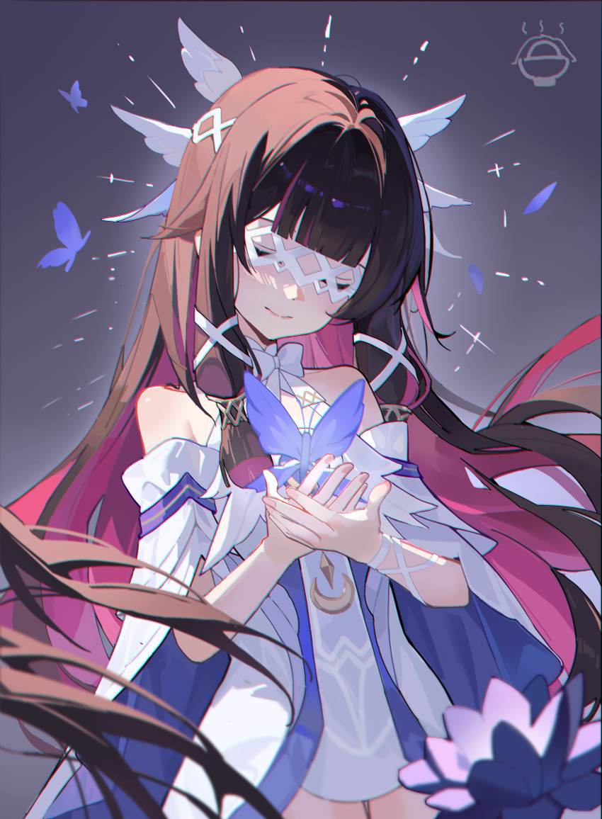 1girl, absurdres, bare_shoulders, black_hair, blunt_bangs, bug, butterfly, chinese_commentary, closed_eyes, closed_mouth, colored_inner_hair, columbina_(genshin_impact), commentary_request, cowboy_shot, dress, eye_mask, genshin_impact, hair_ornament, highres, long_hair, mask, multicolored_hair, pink_hair, ribbon, smile, solo, two-tone_hair, very_long_hair, white_dress, wing_hair_ornament, xizhi_baofan