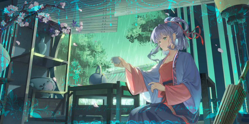 1girl, absurdres, alternate_costume, alternate_hairstyle, bamboo_screen, beizi_(clothing), chair, chinese_clothes, chinese_commentary, closed_umbrella, commentary_request, cup, flower, green_eyes, hair_ribbon, hanfu, highres, holding, indoors, long_hair, long_sleeves, luo_tianyi, peach_blossom, ponytail, red_ribbon, ribbon, sitting, solo, table, teacup, teapot, tree, umbrella, vase, vocaloid, vsinger_(vocaloid), wide_sleeves, window, xizhi_baofan