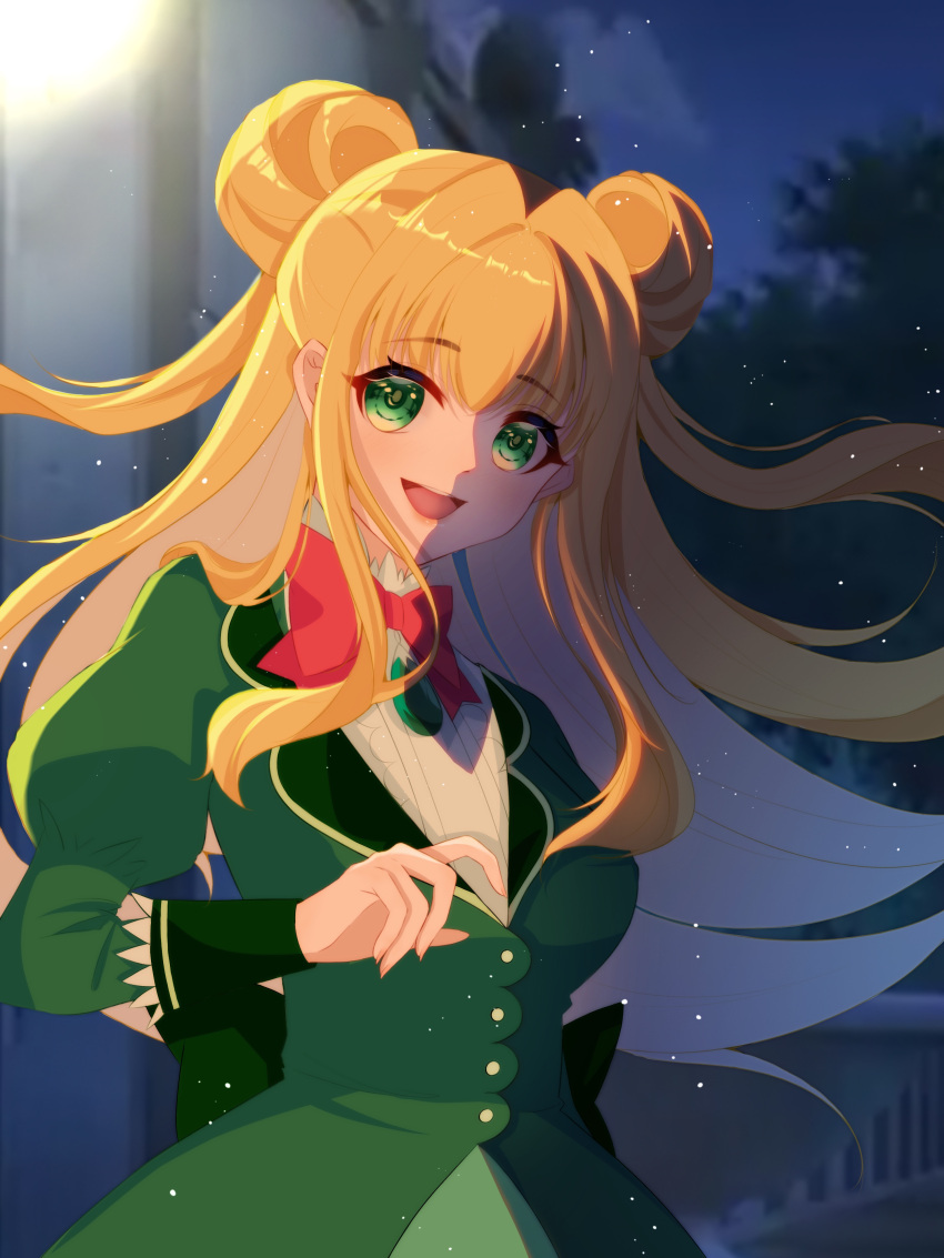 1girl, :d, absurdres, blonde_hair, bow, bowtie, brooch, chinese_commentary