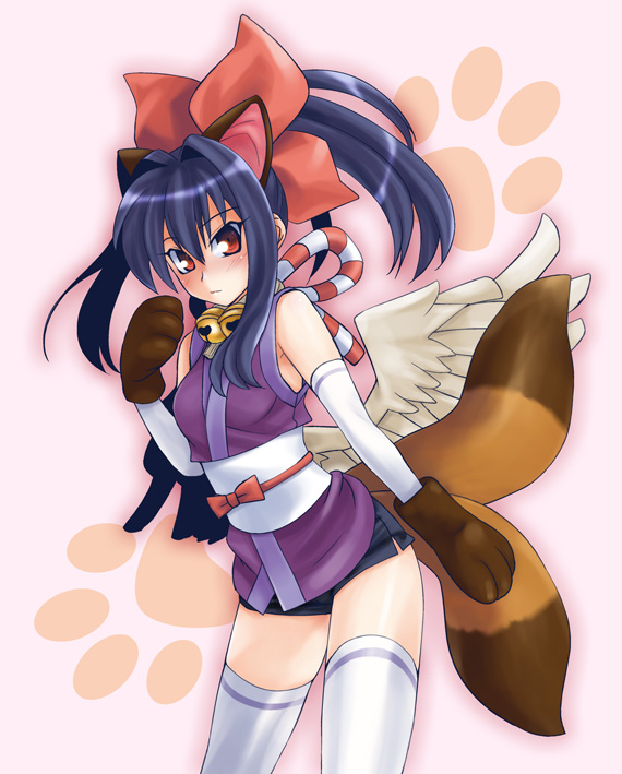 bell, blue_hair, elbow_gloves, gloves, hair_ribbon, hikabe_sakuho, long_hair, multiple_tails