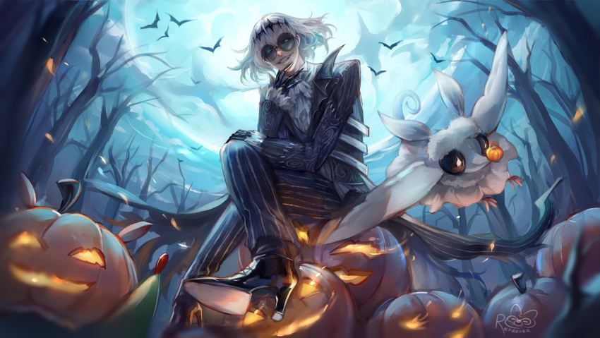 1boy, bat_(animal), black_jacket, black_shoes, blanca_(fate), blue_eyes, commentary, cosplay