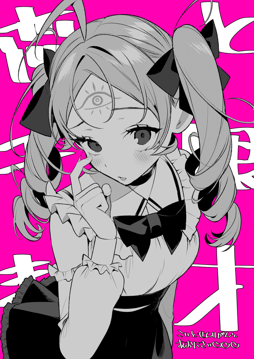 1girl, absurdres, ahoge, blush, bow, chihaya_senri, collar, commentary_request, detached_sleeves, eyelashes, frilled_collar, frills, greyscale_with_colored_background, hair_bow, highres, koi_to_senrigan_to_aonisai, ouchi_kaeru, pink_background, skirt, solo, translation_request, twintails