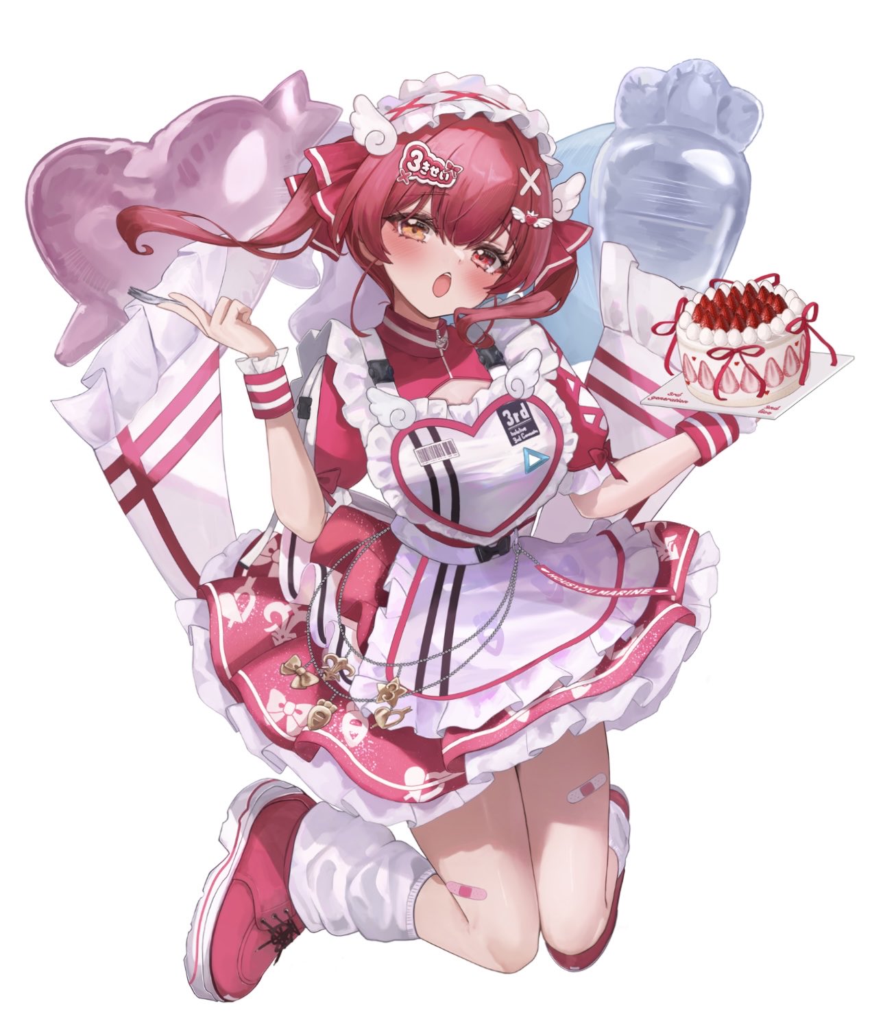 1girl, apron, balloon, bandage_on_thigh, breasts, cake, commentary_request, dress