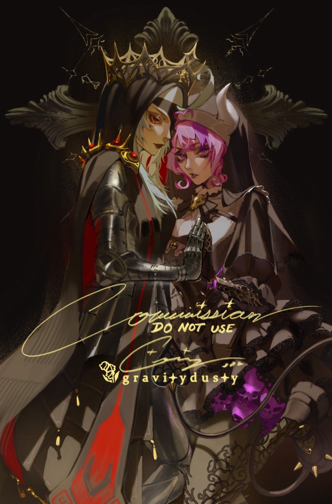 2girls, ahoge, armor, black_gauntlets, cape, commentary, crown, demon_girl