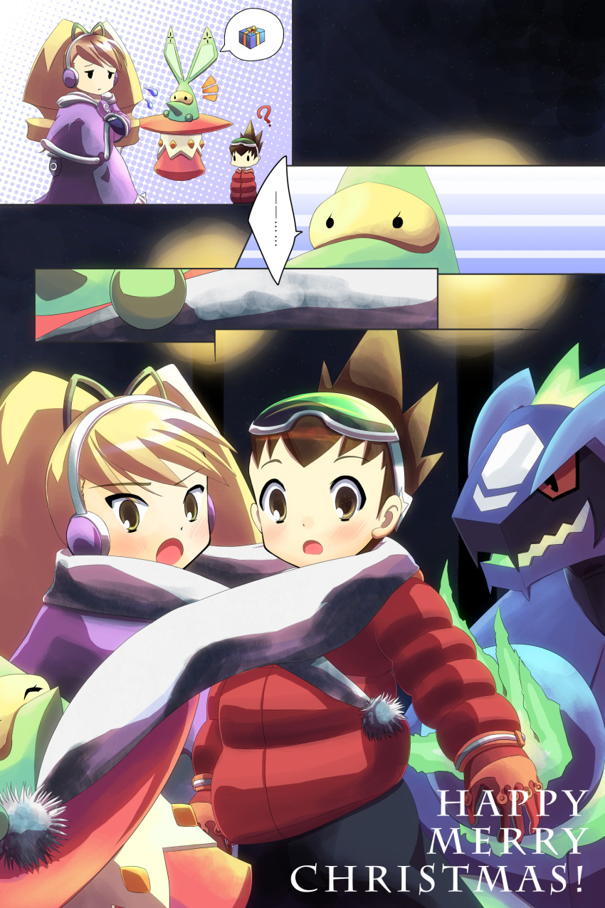 2boys, 2girls, ?, absurdres, blonde_hair, blush, bow, brown_hair