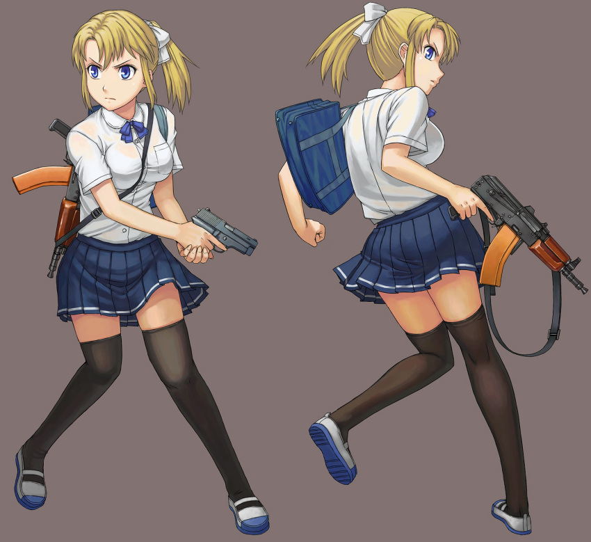 assault_rifle, bag, black_legwear, blonde_girl_(itou), blonde_hair, blue_eyes, dress_shirt, from_behind