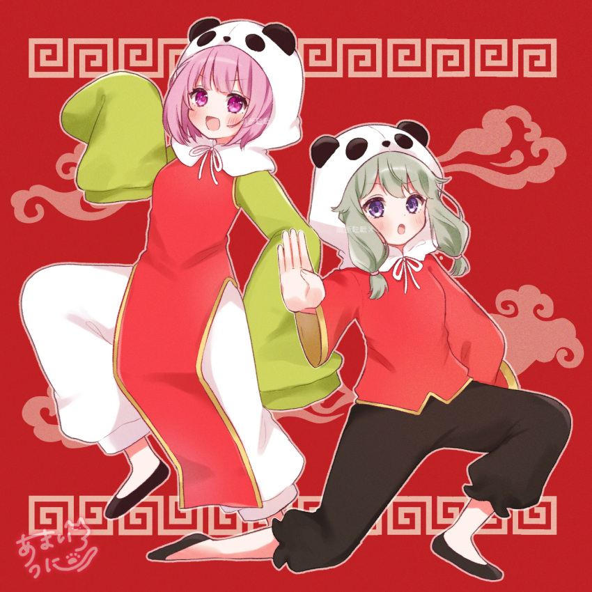 2girls, animal_hood, chinese_clothes, commentary_request, full_body, green_hair, highres, hood