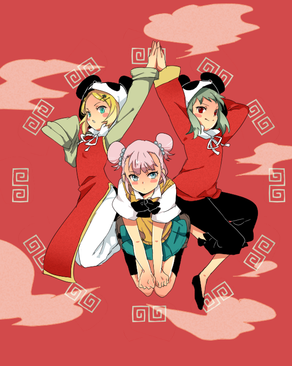 35_samo, 3girls, blonde_hair, blush_stickers, bow, bowtie, chinese_clothes, collared_shirt