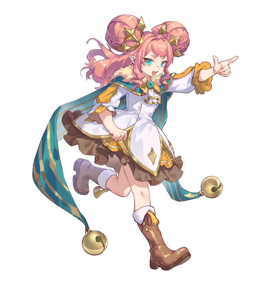 1girl, :d, absurdres, aqua_eyes, bell, blue_cape, blue_eyes, boots, cape, chinese_commentary, commentary_request, double_bun, dress, full_body, fur_trim, hair_bun, hair_ornament, highres, jingle_bell, krithia_(roco_kingdom:world), long_hair, long_sleeves, open_mouth, pink_hair, pointing, pointy_ears, roco_kingdom:world, simple_background, smile, solo, white_background, white_dress