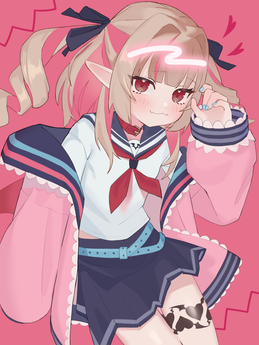 1girl, absurdres, black_bow, black_sailor_collar, black_skirt, blue_nails, blush, bow, brown_hair, closed_mouth, collar, commentary, fang, hair_bow, hashtag-only_commentary, heart, heart_in_eye, highres, jacket, leg_tattoo, looking_at_viewer, makaino_ririmu, makaino_ririmu_(4th_costume), multicolored_hair, neckerchief, nijisanji, okaki8130, open_clothes, open_jacket, pink_background, pink_hair, pink_jacket, pointy_ears, red_collar, red_eyes, red_neckerchief, sailor_collar, school_uniform, serafuku, shirt, skin_fang, skirt, solo, symbol_in_eye, tattoo, twintails, two-tone_hair, virtual_youtuber, white_shirt