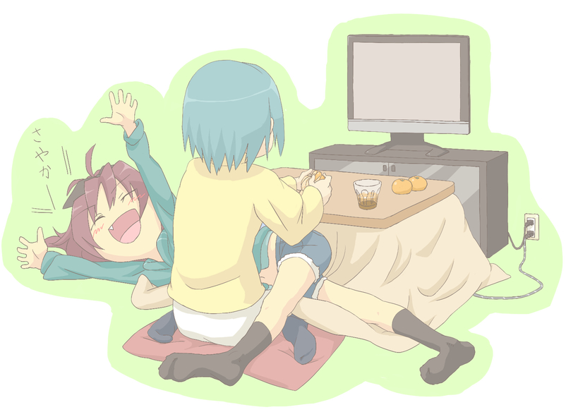 black_legwear, blue_hair, blush, bow, closed_eyes, eyes_closed, fang, food