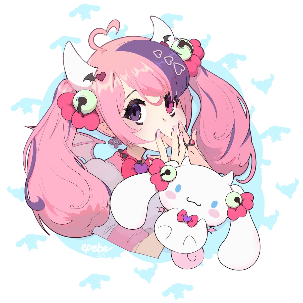 1girl, bat_hair_ornament, cinnamoroll, commentary, covering_own_mouth, demon_girl, demon_horns, demon_wings