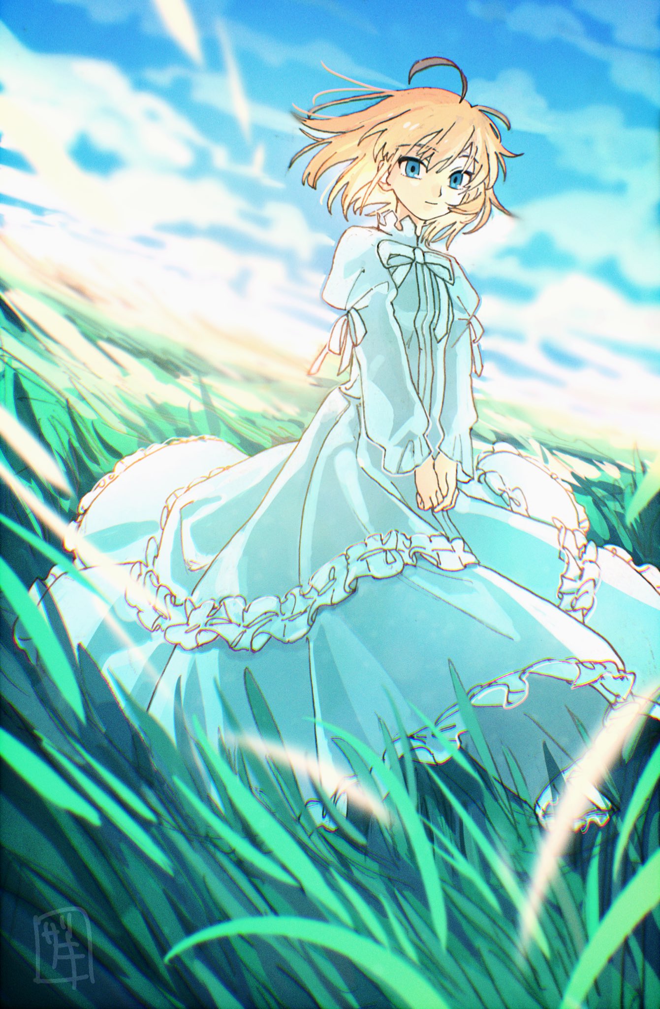 1girl, ahoge, antenna_hair, artoria_pendragon_(fate), blonde_hair, bow, clouds, cloudy_sky