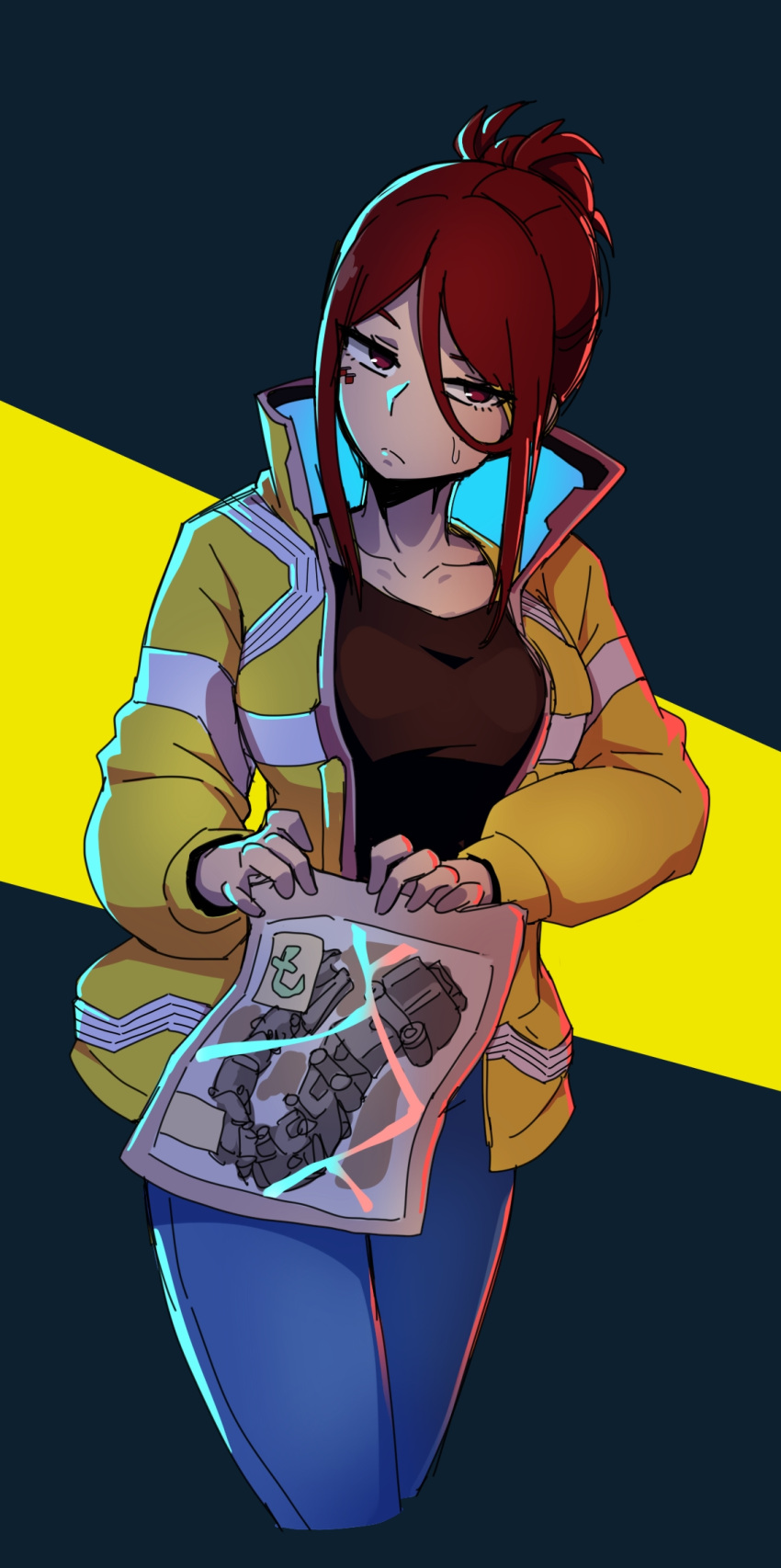 1girl, bag, breasts, brown_eyes, brown_hair, commentary, cowboy_shot, cropped_legs