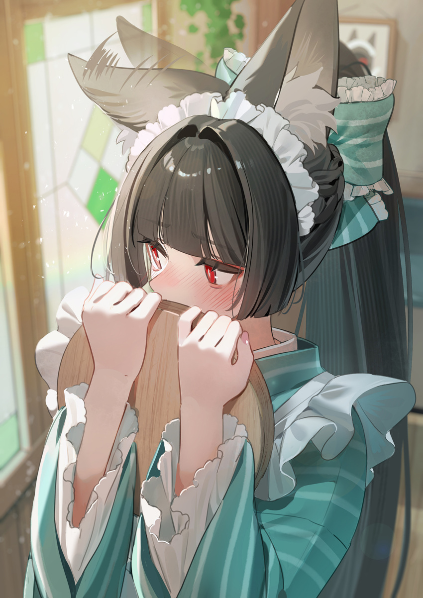 1girl, alternate_costume, animal_ear_fluff, animal_ears, black_hair, blush, commentary_request, fox_ears