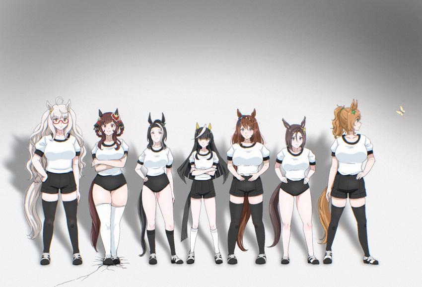 6+girls, ahoge, air_groove_(umamusume), alternate_costume, animal_ears, biwa_hayahide_(umamusume), black_buruma, black_hair