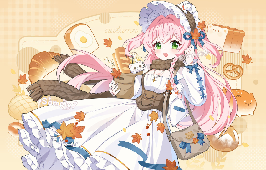 1girl, :d, absurdres, autumn_leaves, bag, baguette, blush, bonnet