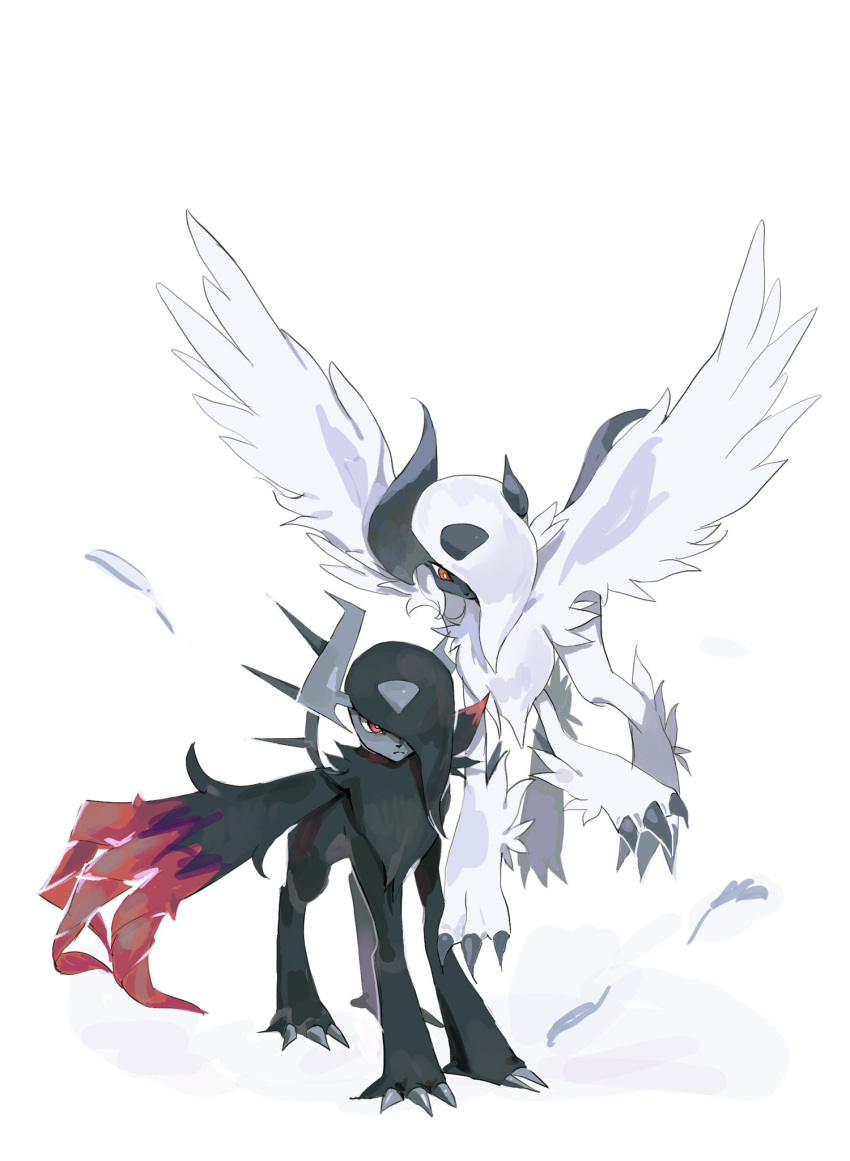 absol, animal_focus, asymmetrical_horns, black_fur, body_fur, bright_pupils, claws, feathered_wings, full_body, grey_horns, hashtag-only_commentary, highres, horns, looking_at_another, looking_at_viewer, mega_absol, mega_absol_z, mega_pokemon, neck_fur, no_humans, one_eye_covered, pokemon, pokemon_(creature), pokemon_focus, pokemon_legends:_z-a, red_eyes, red_wings, ru_oo0o, simple_background, solo, standing, uneven_horns, white_background, white_fur, white_pupils, white_wings, wings