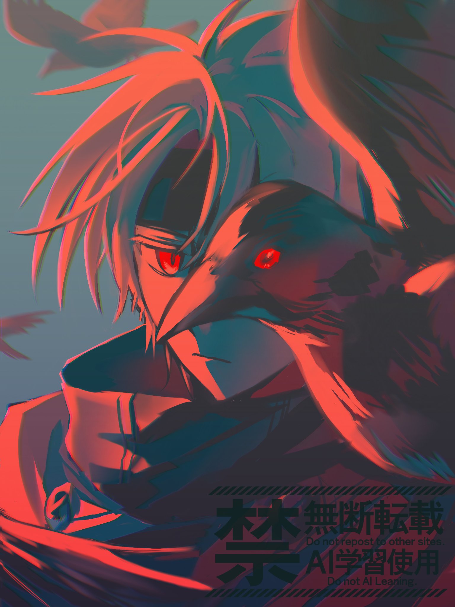 1boy, ahoge, bird, biuedestinati0n, black_headband, closed_mouth, commentary_request, crow, crow_armbrust, eiyuu_densetsu, english_text, hair_between_eyes, headband, highres, korean_text, looking_at_viewer, male_focus, parted_bangs, red_eyes, sen_no_kiseki_(series), sen_no_kiseki_ii, short_hair, solo, white_hair