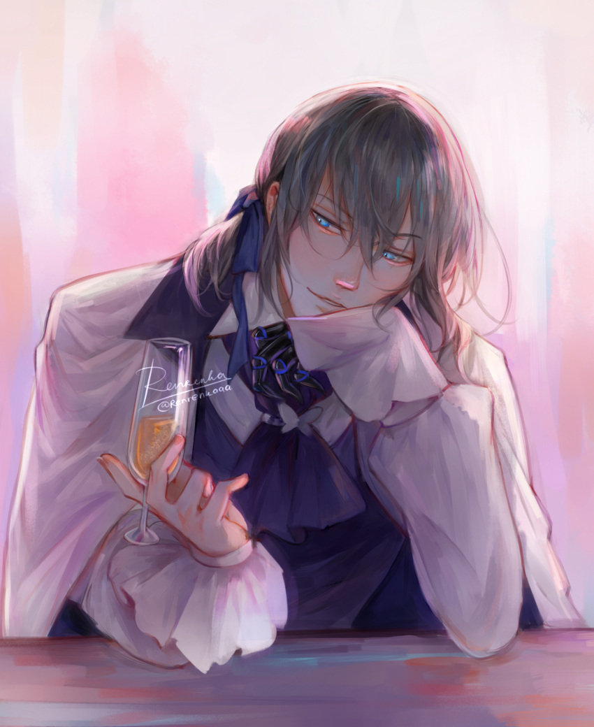 ascot, black_ascot, blue_eyes, blue_ribbon, champagne_flute, commentary, cup, drinking_glass, english_commentary, fate/grand_order, fate_(series), grey_hair, hair_between_eyes, highres, holding, holding_cup, long_sleeves, oberon_(fate), oberon_(third_ascension)_(fate), parted_lips, renrenka_noi, ribbon, shirt, short_hair, solo, upper_body, white_shirt