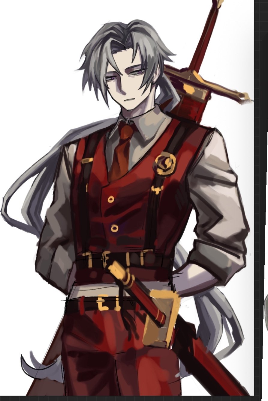 1boy, arms_behind_back, closed_mouth, collared_shirt, commentary, cowboy_shot, english_commentary, forgo11en, highres, limbus_company, long_hair, lucio_(project_moon), male_focus, necktie, ponytail, project_moon, red_necktie, red_vest, shirt, solo, suspenders, sword, vest, violet_eyes, weapon, white_hair, white_shirt
