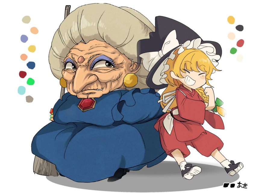 2girls, big_nose, black_hat, black_shoes, blonde_hair, blue_dress, blue_eyeshadow, blush_stickers