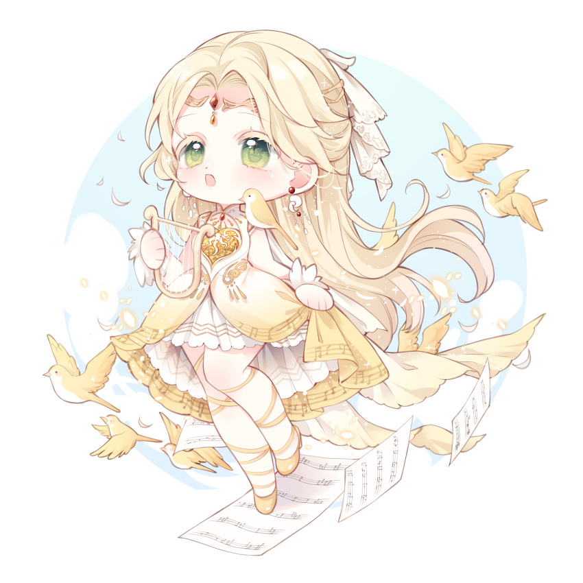 1girl, absurdres, animal_on_shoulder, ballet_slippers, bird, bird_on_shoulder, blonde_hair, blue_sky
