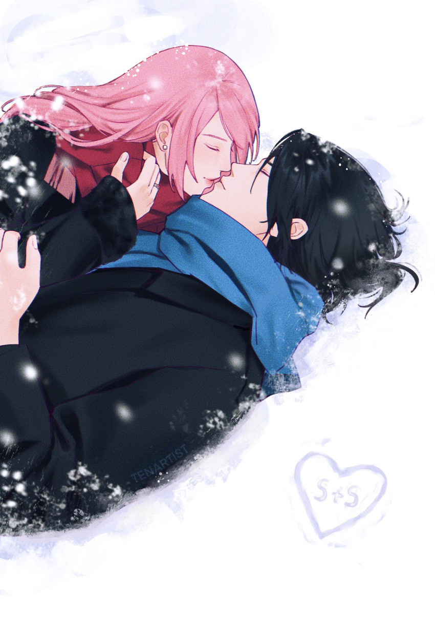 1boy, 1girl, artist_name, black_coat, black_hair, blue_scarf, blurry, blurry_foreground
